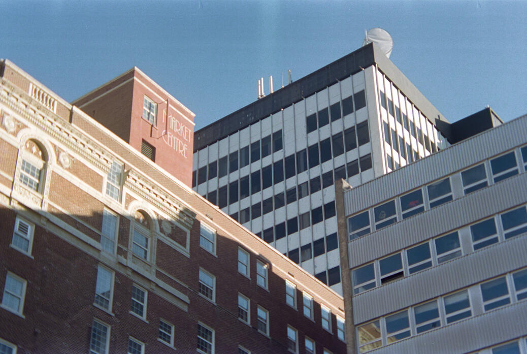 Near 1st and Main in Wichita, KS. (Shot on Canon AE-1 on Kodak Portra 400 film, February 2022.)